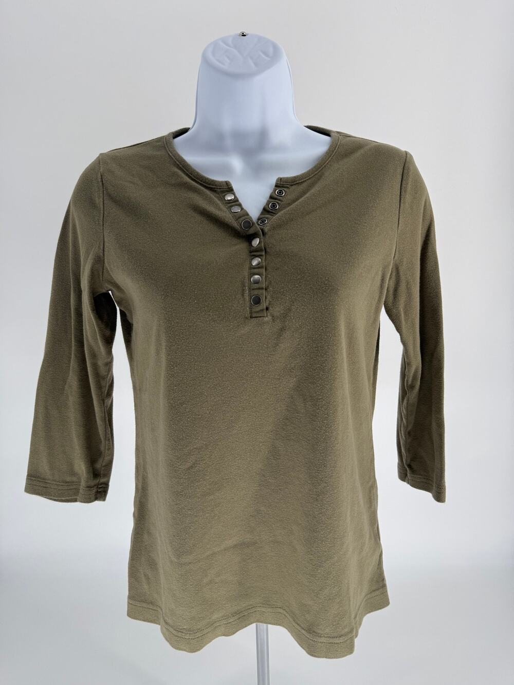 Croft & Barrow Olive Green Henley Top Small 3/4 Sleeve Snap Button Cotton Tee